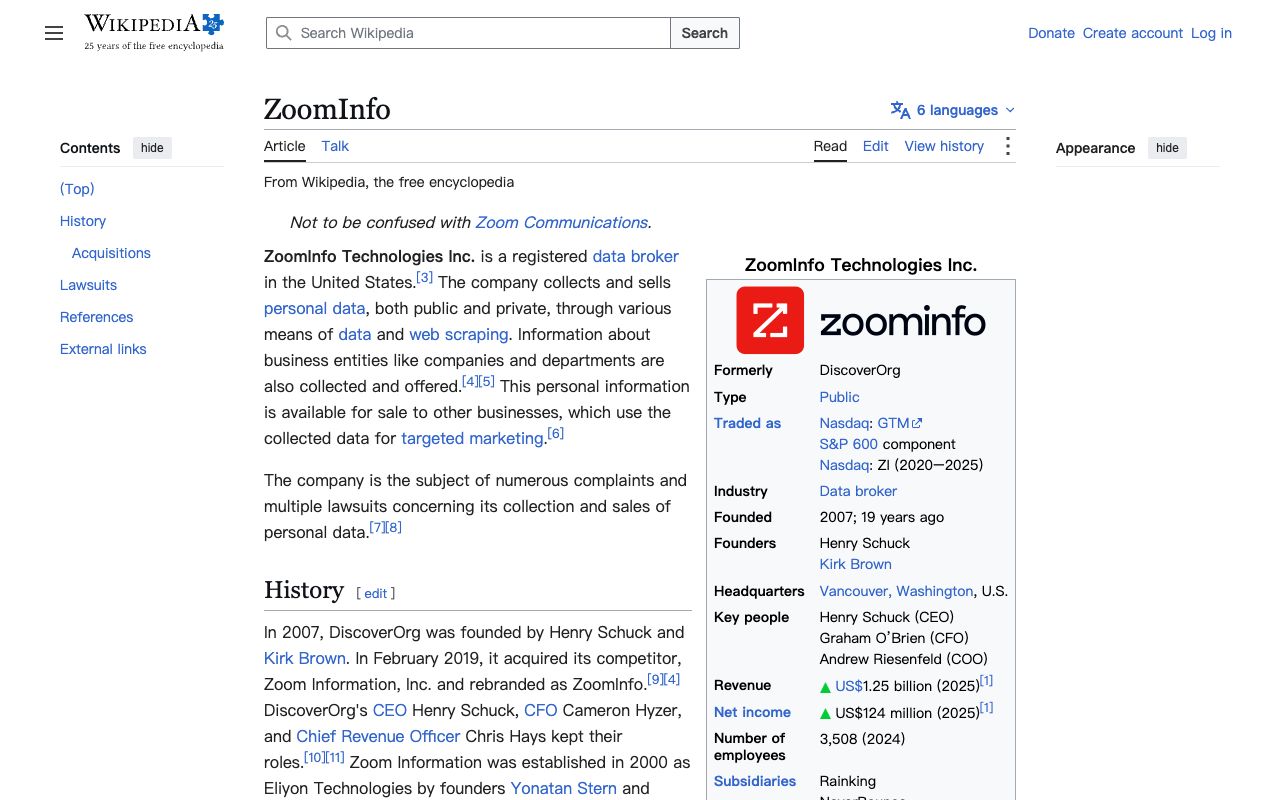 Wikipedia article on ZoomInfo with its lead paragraph and infobox, a high-authority, low-fixability source in the intervention matrix