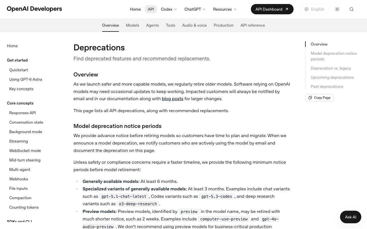 OpenAI deprecations page listing dated model retirements, the reason a reputation fix must be re-checked after every model update