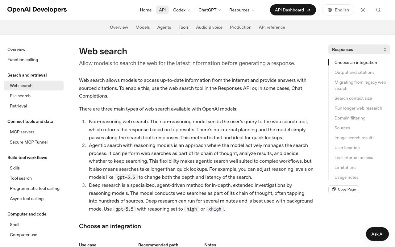 OpenAI web search tool documentation showing the approximate user_location fields country, city, region and timezone