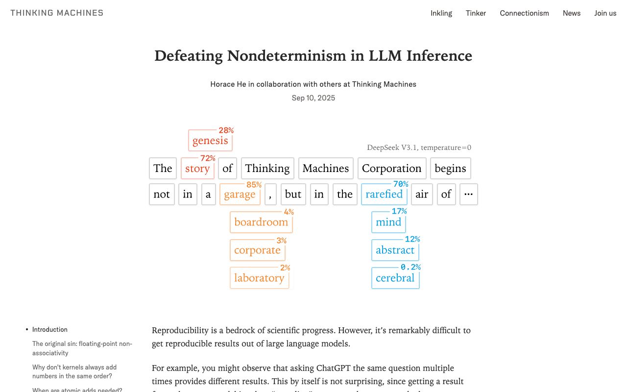 Thinking Machines Lab post explaining why LLM inference is nondeterministic even at temperature zero