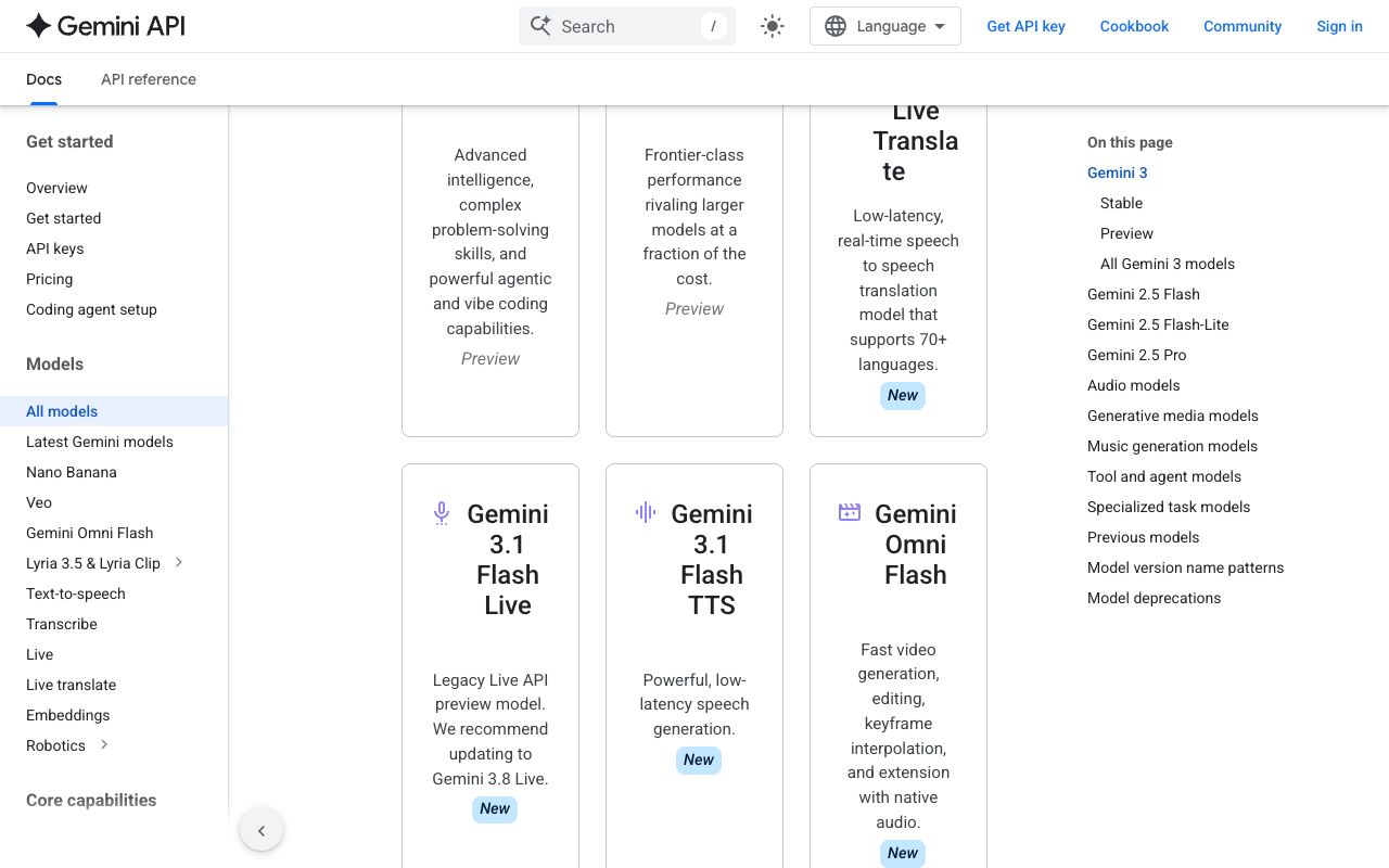 Google Gemini API model documentation describing stable, preview and hot-swapped latest model aliases