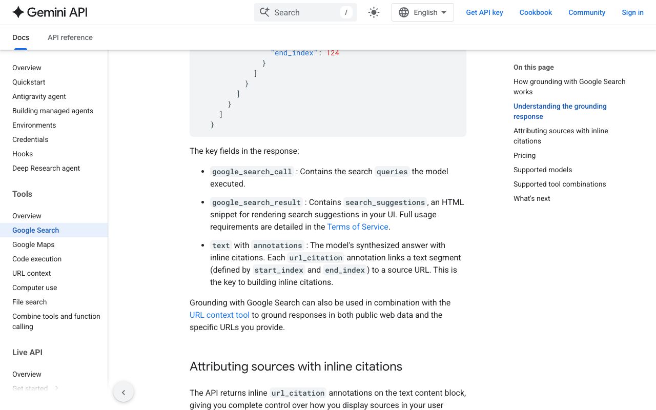 Gemini API grounding docs listing google_search_call queries and url_citation annotations that link answer text to source URLs