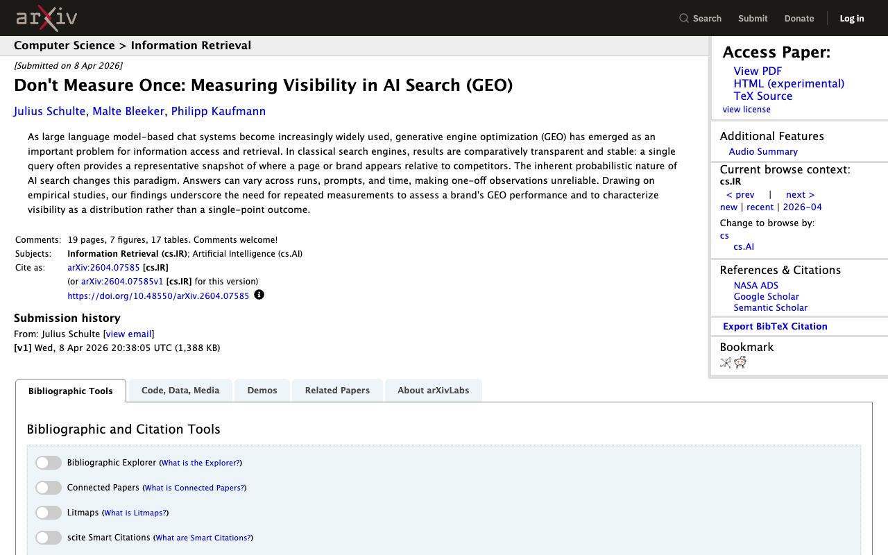 arXiv abstract page of the 2026 measurement study Don't Measure Once: Measuring Visibility in AI Search (GEO)