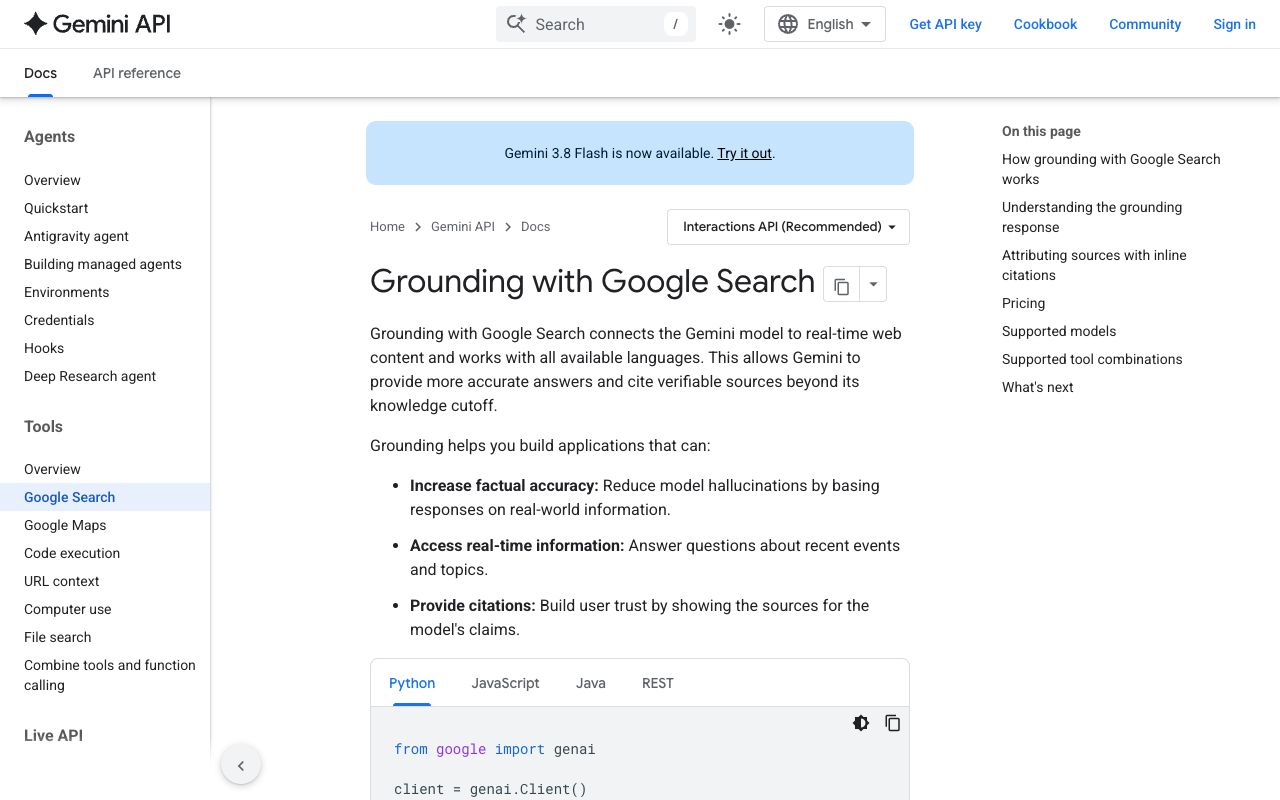 Google Gemini API documentation page for Grounding with Google Search describing inline citation annotations
