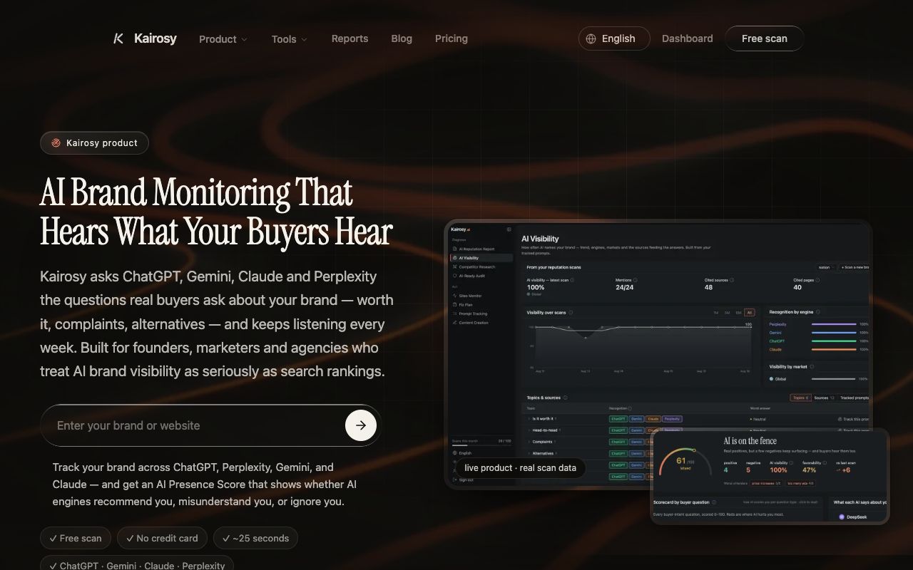 Kairosy AI brand monitoring landing page describing weekly re-scans, daily prompt tracking and alerts