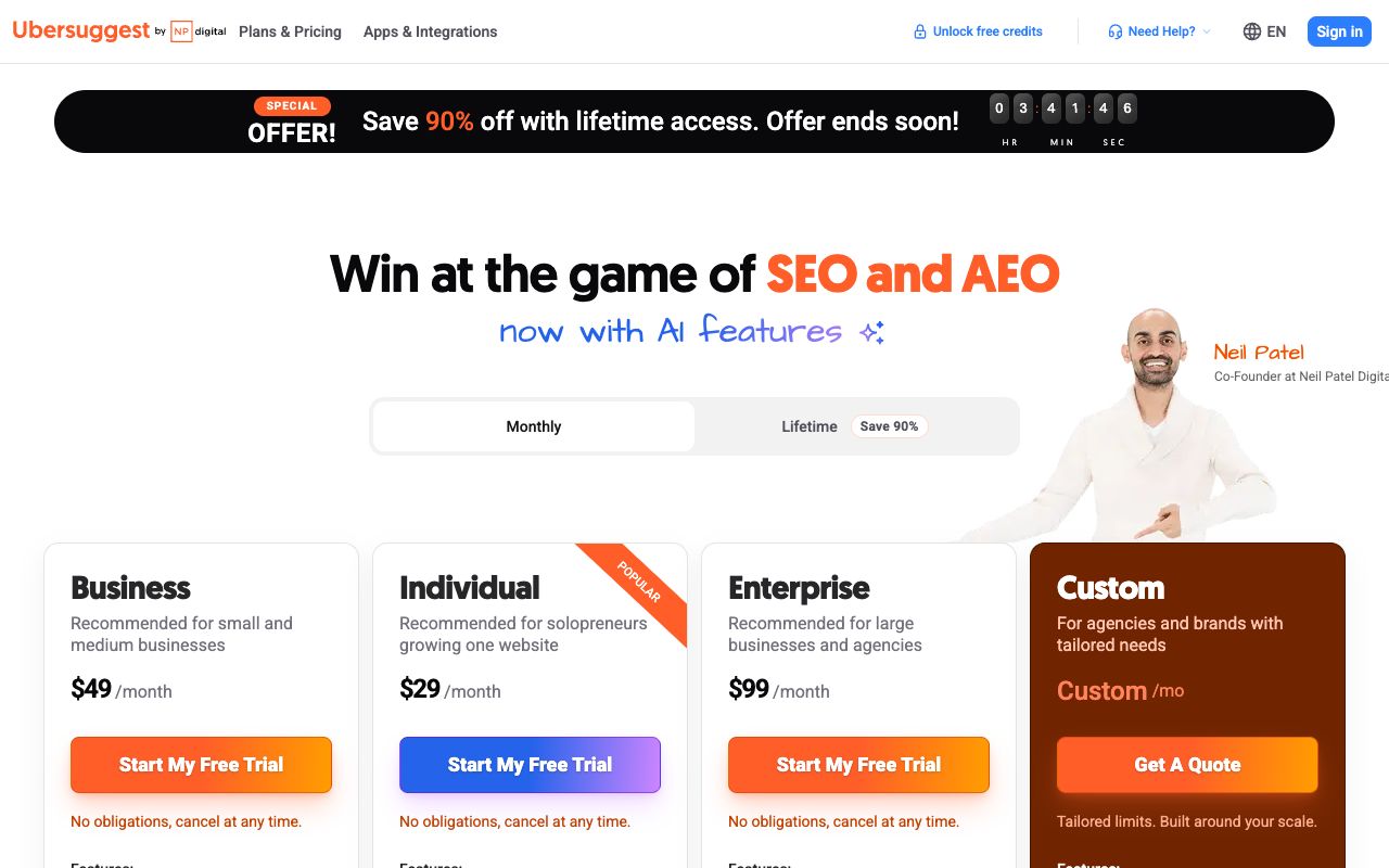 Ubersuggest pricing page showing the Individual, Business and Enterprise plans and their daily search limits