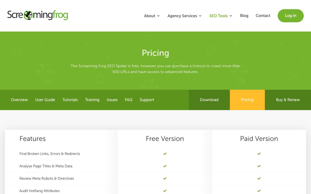 Screaming Frog SEO Spider pricing page comparing the free 500-URL crawl limit with the paid licence