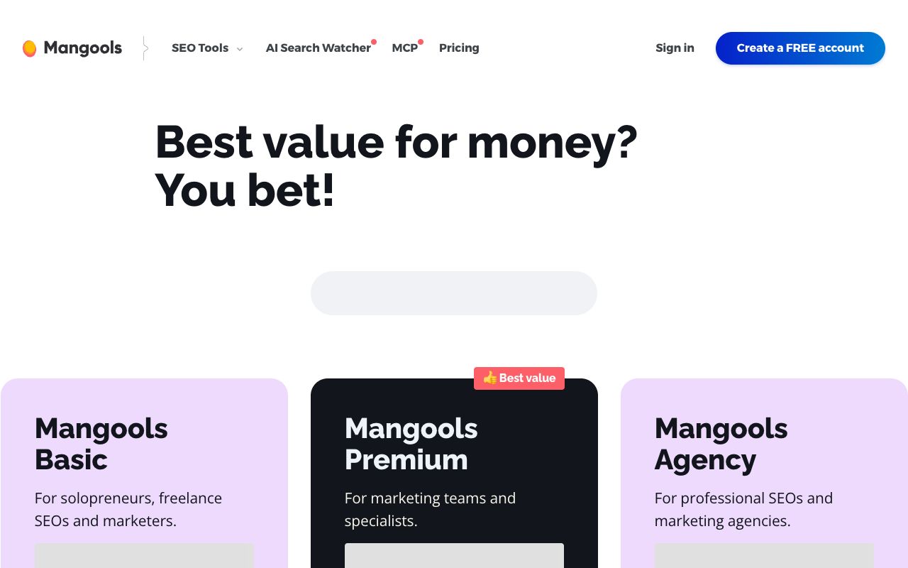 Mangools plans and pricing page with Basic, Premium and Agency keyword lookup limits