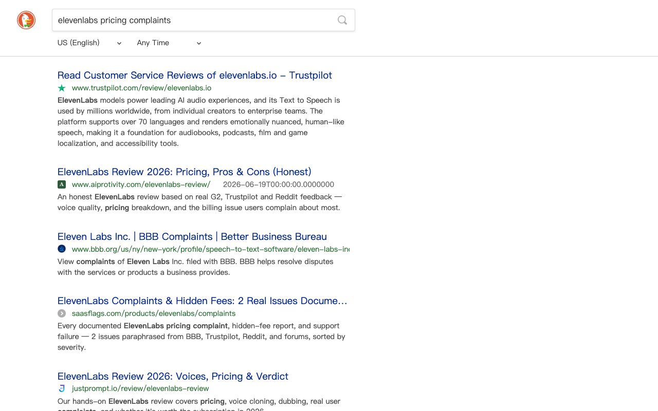 Bing search results for ElevenLabs pricing complaints showing the forum and review pages engines cite