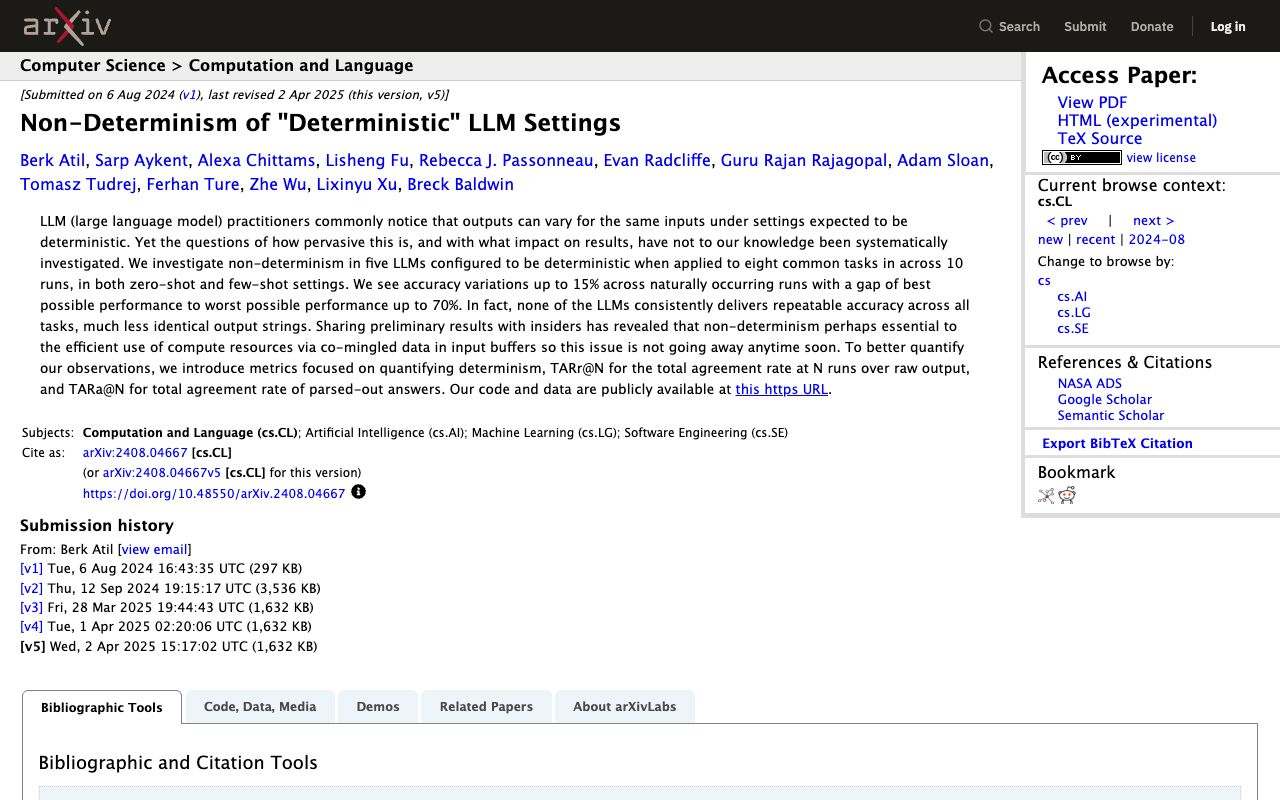 arXiv abstract of Non-Determinism of Deterministic LLM Settings, evidence that repeated runs vary