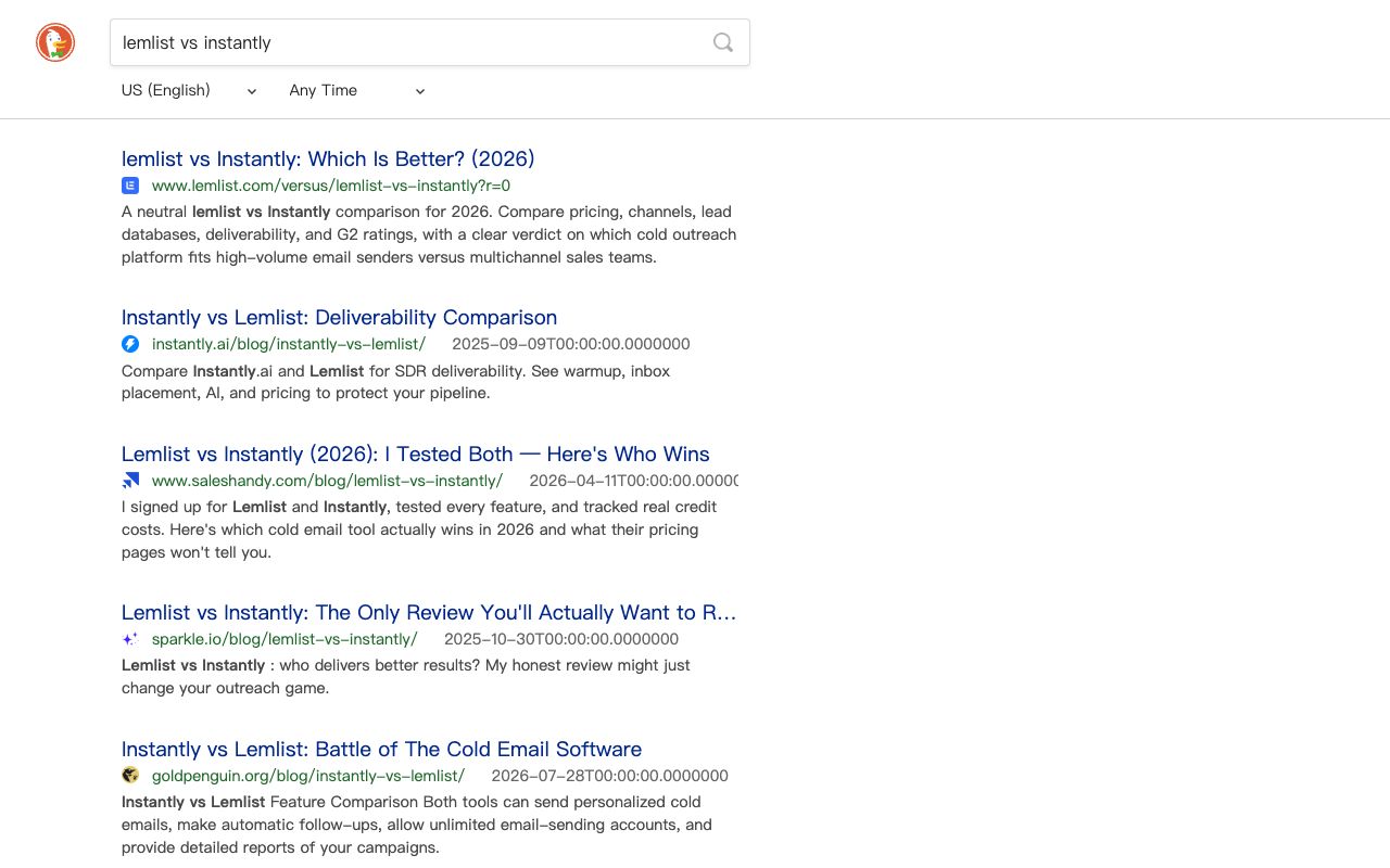 Search results for lemlist vs instantly dominated by vendor-owned comparison pages