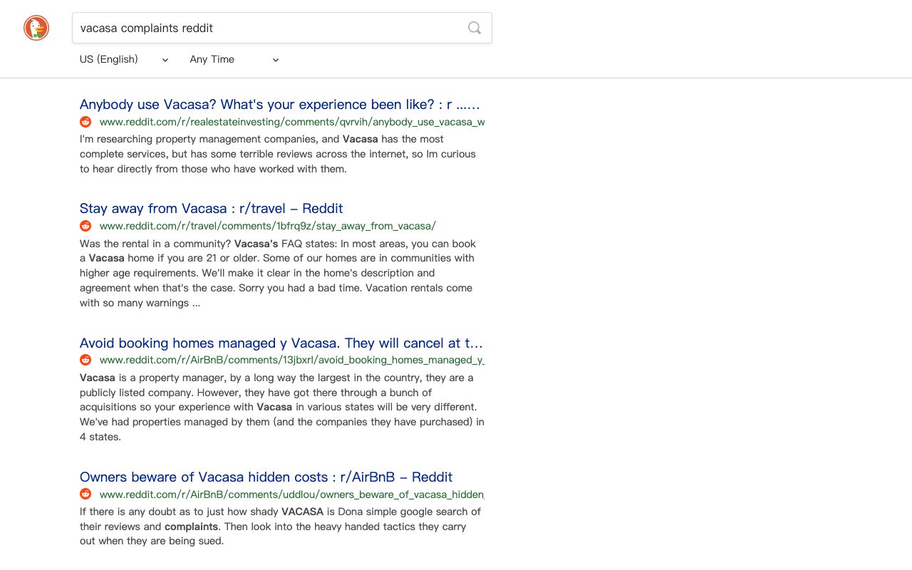 DuckDuckGo results for a brand complaints query showing Reddit threads and review pages that AI engines retrieve