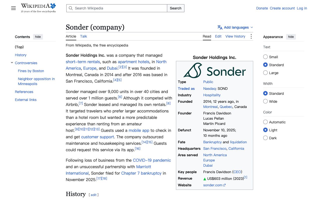 Wikipedia article on Sonder documenting the November 2025 wind-down that AI engines now repeat