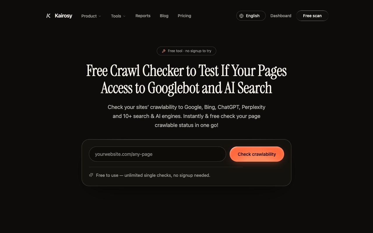 Kairosy AI crawl checker reporting which AI user agents a robots.txt allows or blocks