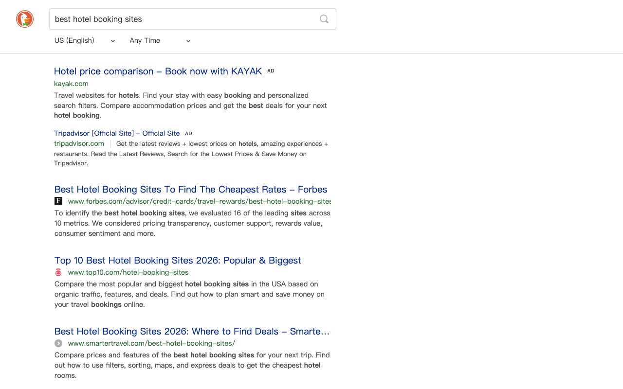 Bing search results for best hotel booking sites showing the review sites and listicles that feed AI recommendation answers