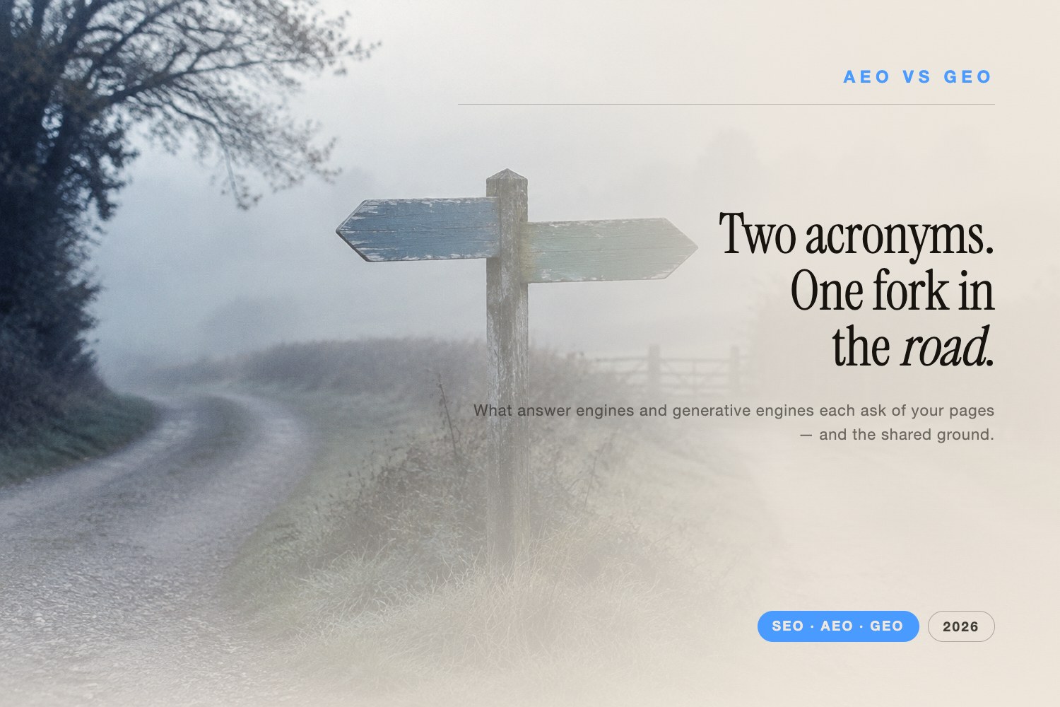 AEO vs GEO: a direct answer box beside a generated AI answer with cited sources