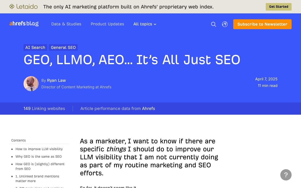 Ahrefs blog post arguing GEO, LLMO and AEO are three names for the same idea