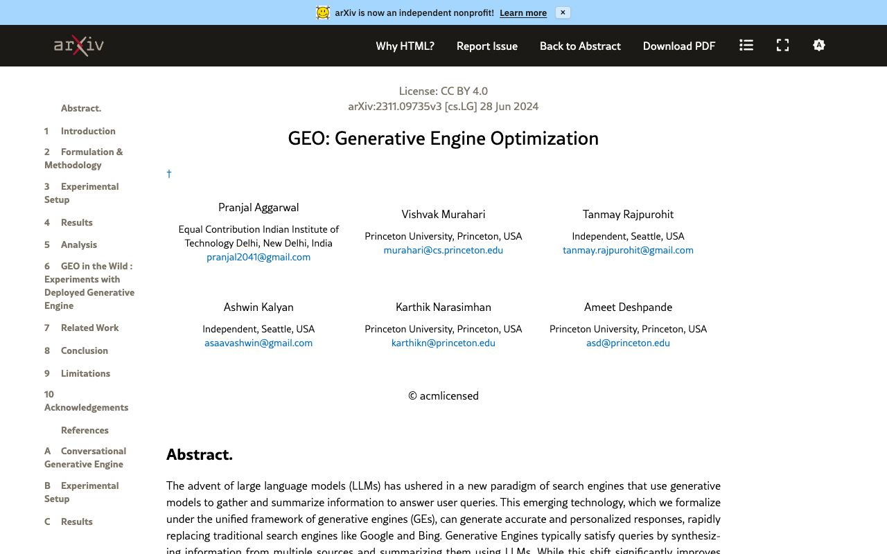 Full-text HTML of the Generative Engine Optimization research paper that coined GEO