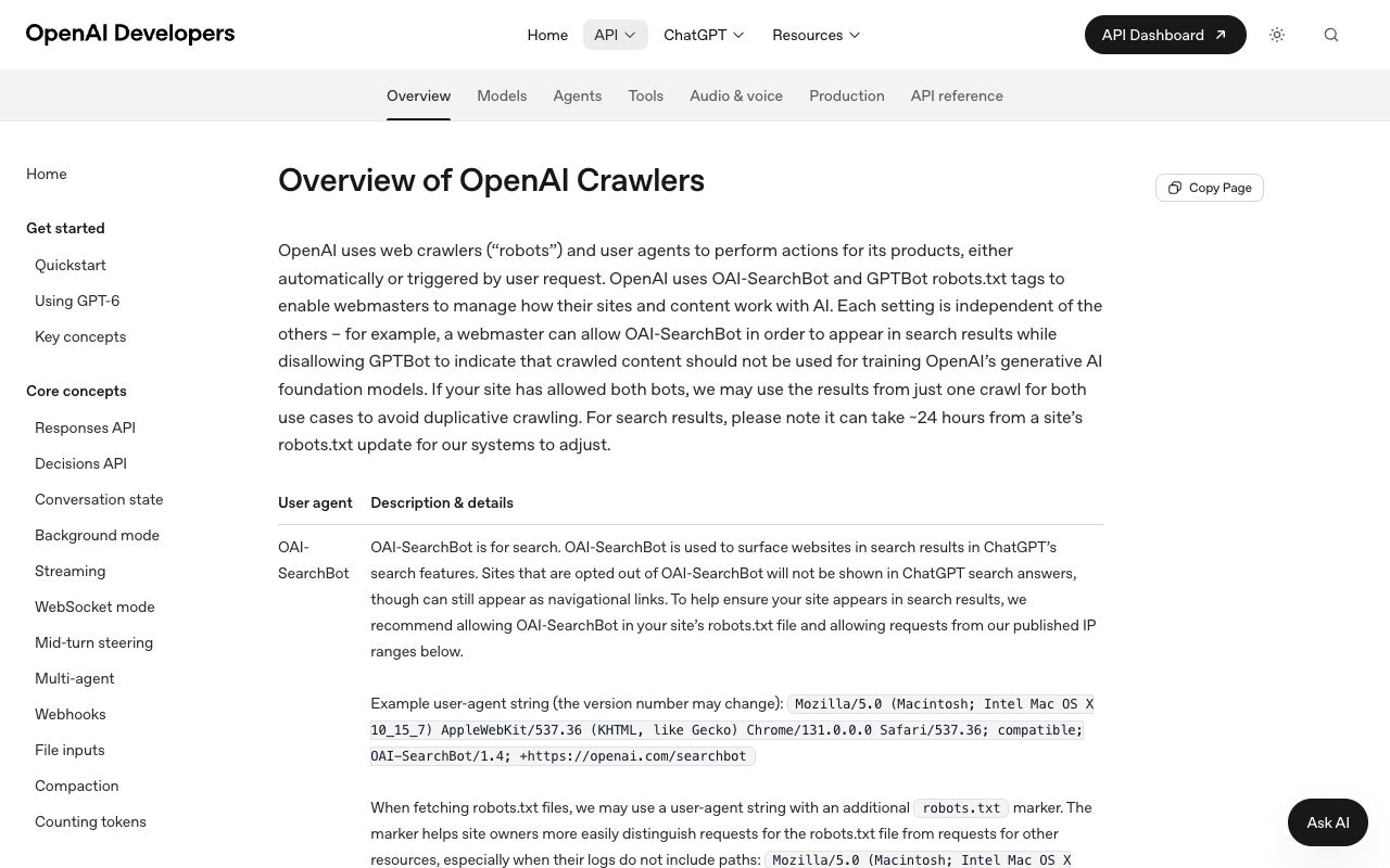 OpenAI developer documentation listing OAI-SearchBot, ChatGPT-User and GPTBot