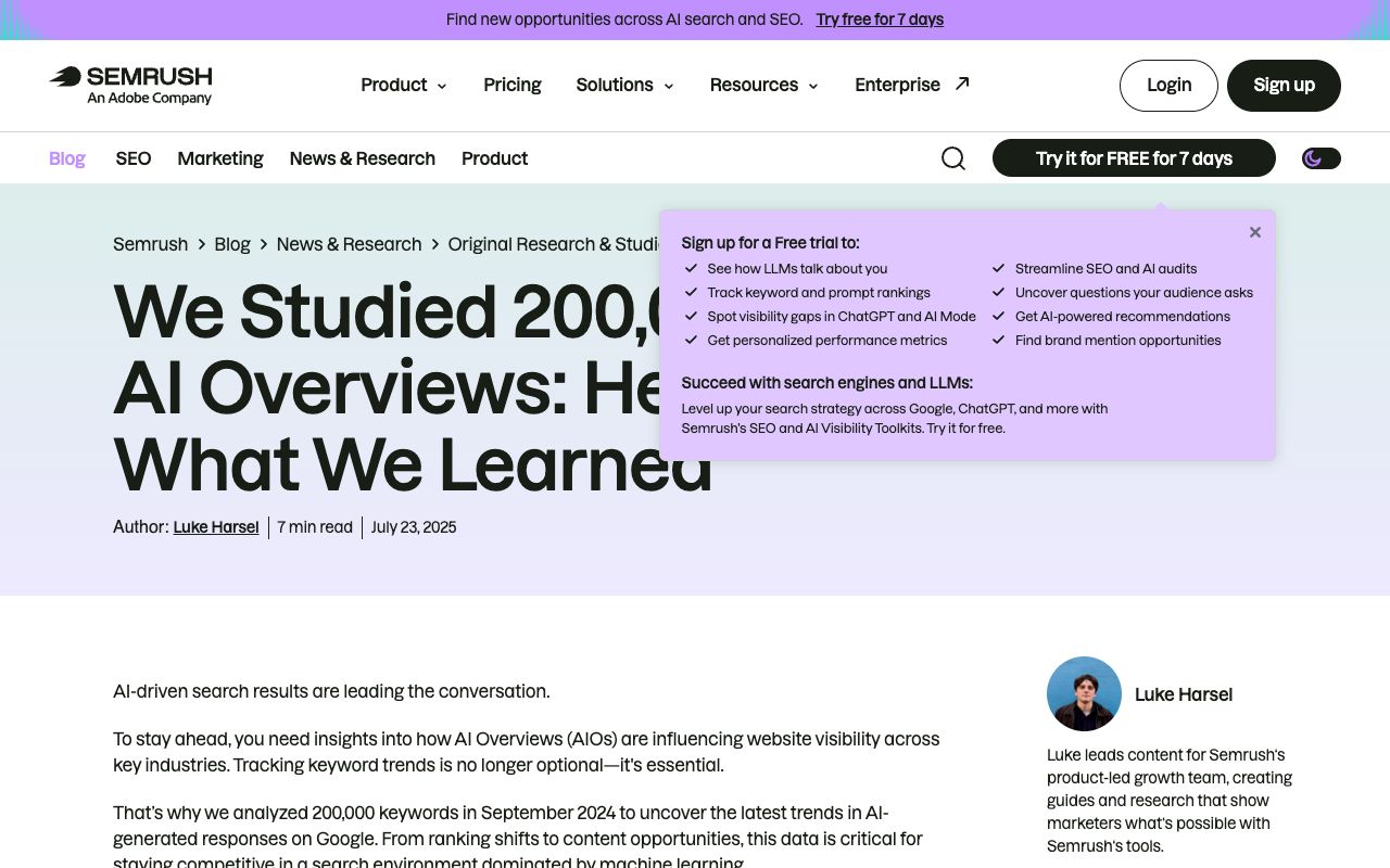 Semrush study page on Google AI Overviews frequency and cited sources