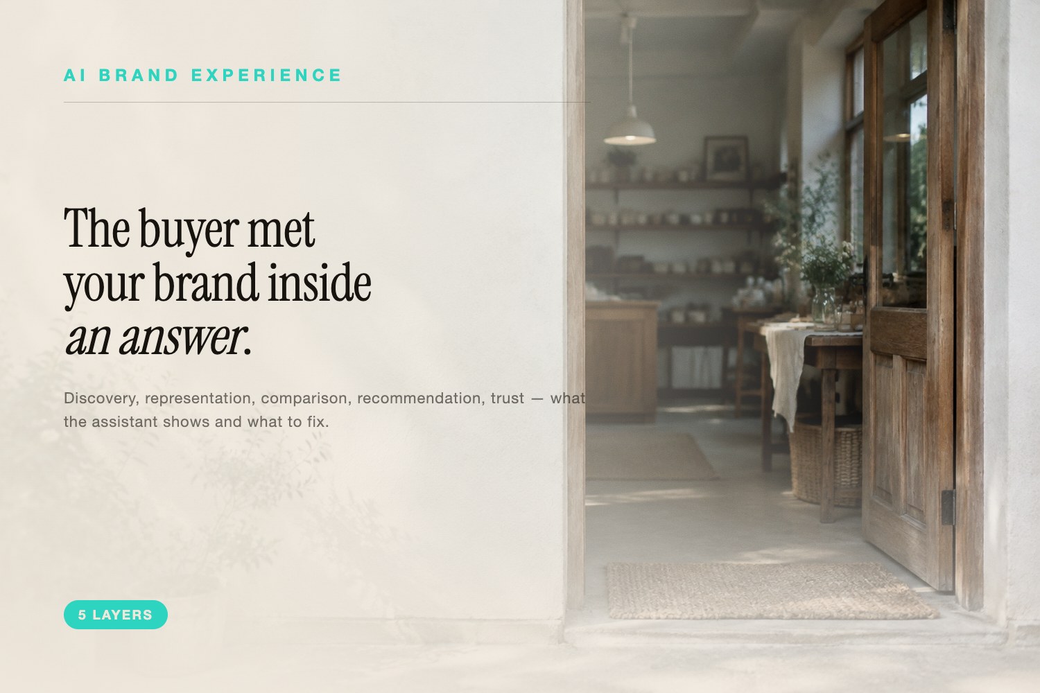 An empty table by a bright window beside the five layers of AI brand experience