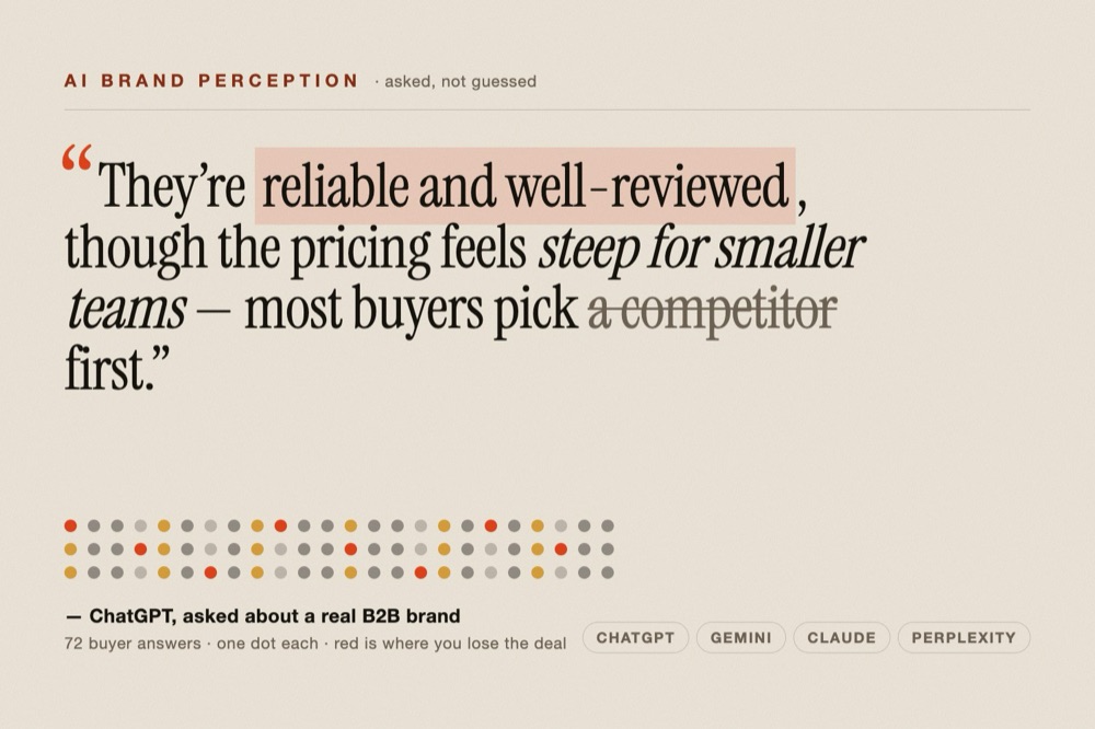 A pull quote of how an AI engine describes a brand, set large on a paper-white ground