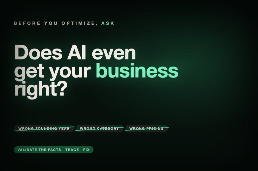 The question — does AI even describe your business correctly — set in large type over facts AI gets wrong