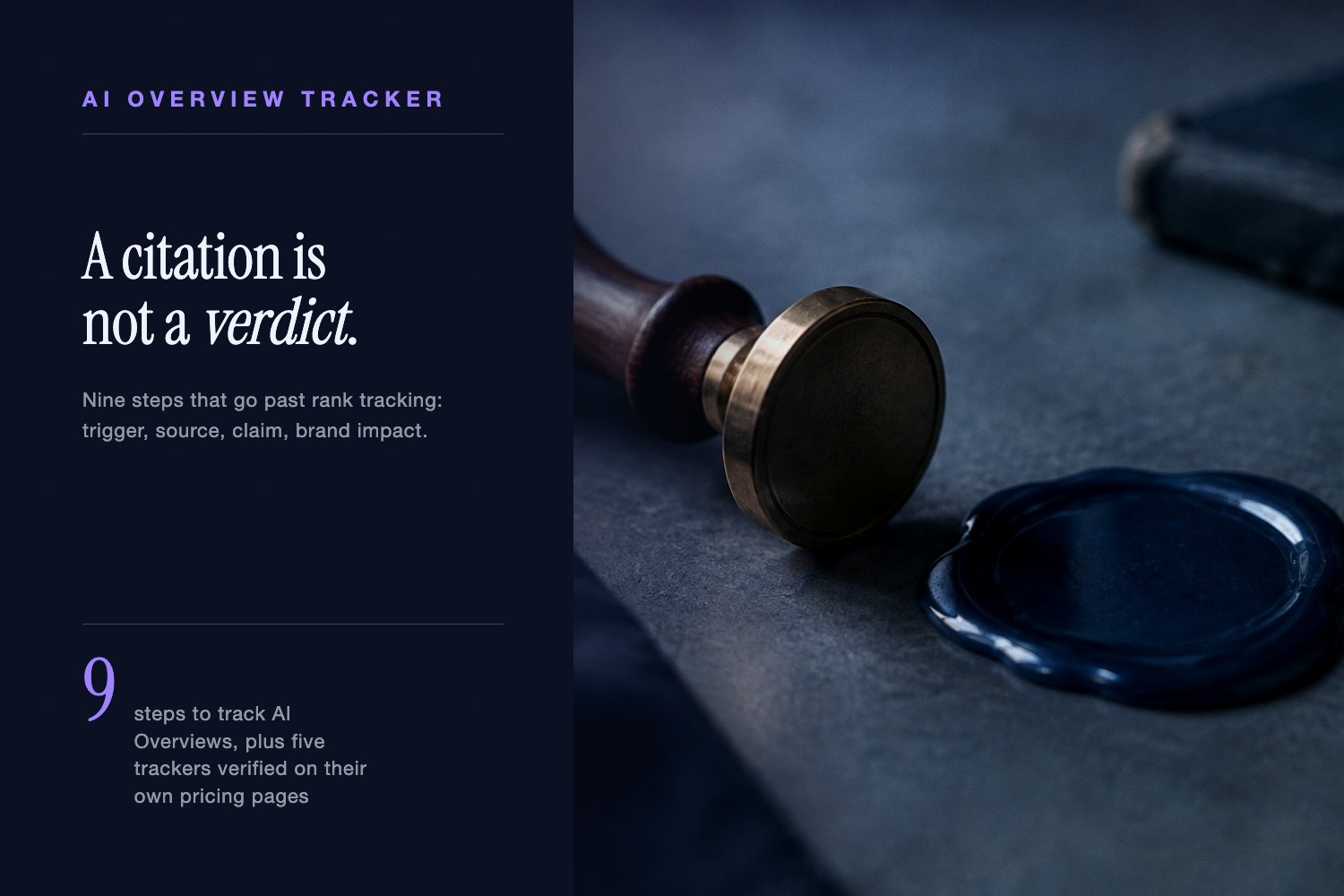 A lit laptop on a walnut desk at night beside the headline on tracking Google AI Overviews