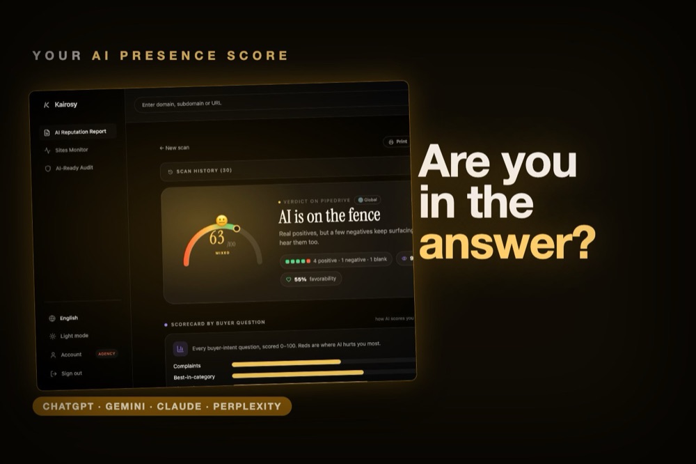 A Kairosy AI presence score report with visibility and favorability, beside the four AI engines