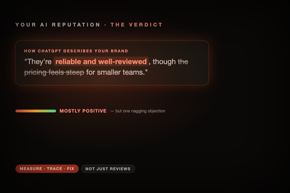An AI verdict on a brand with a positive-to-negative sentiment scale — AI reputation management 2026