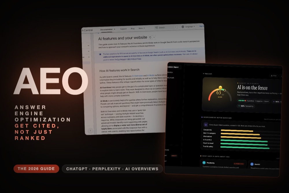 The letters AEO in large type beside Google's AI-features guidance and a real Kairosy AI visibility report