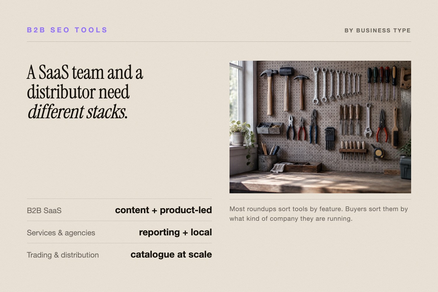 An empty table by a bright window beside the headline on picking B2B SEO tools by business type