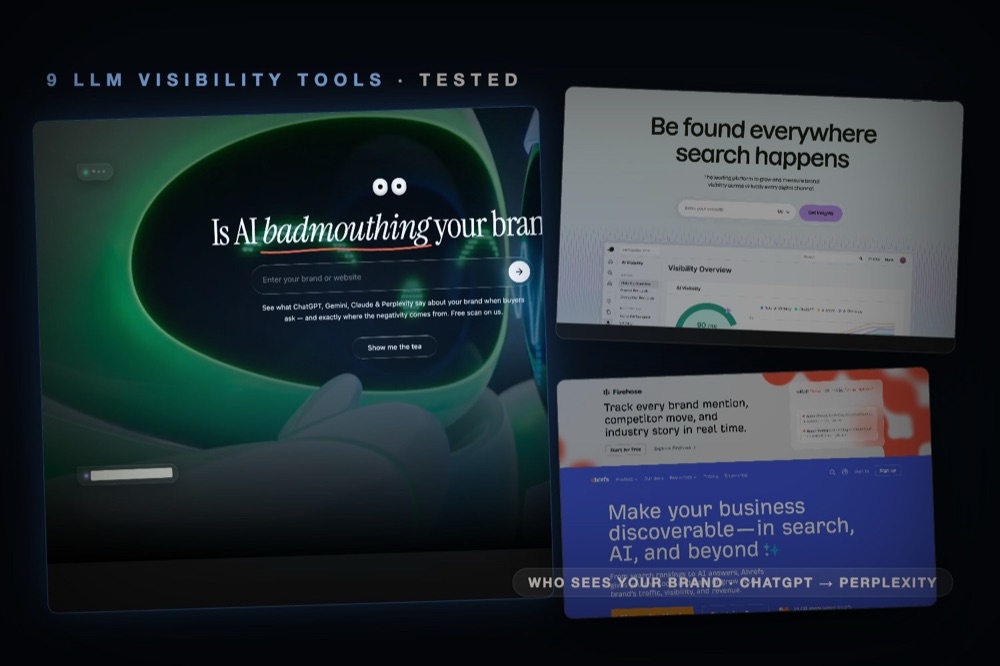 Real LLM visibility tool interfaces tilted on a dark editorial background, nine tools tested