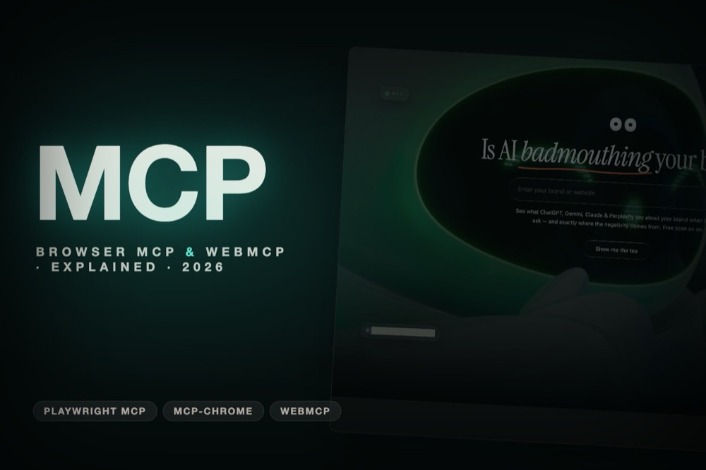 The letters MCP in large type over a dark editorial background, Browser MCP and WebMCP explained
