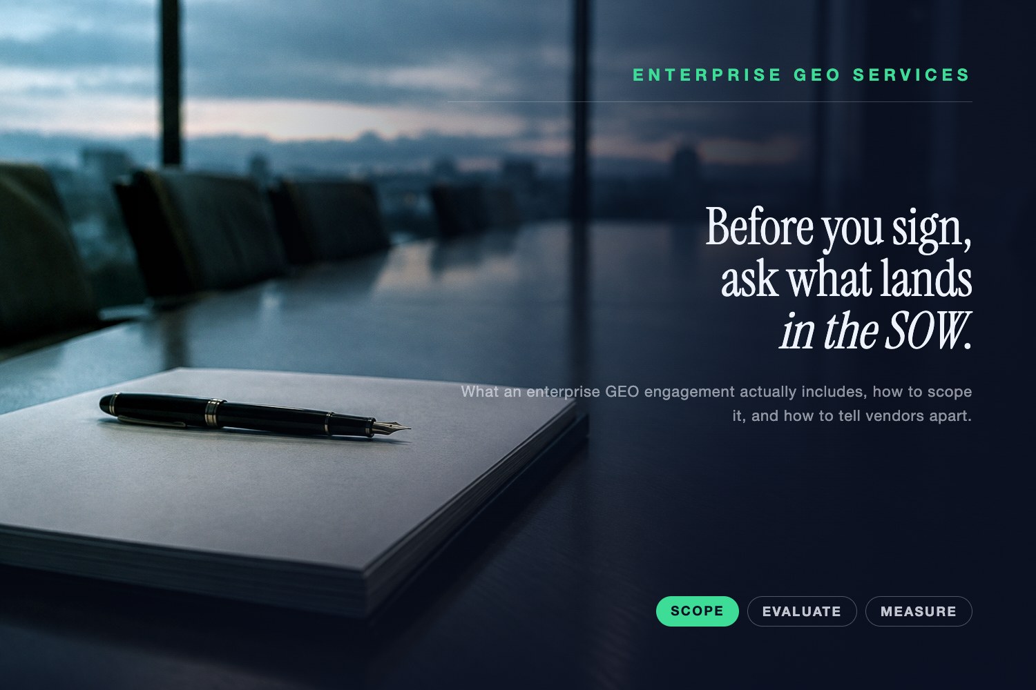 An empty glass boardroom at dusk beside the headline on buying enterprise GEO services