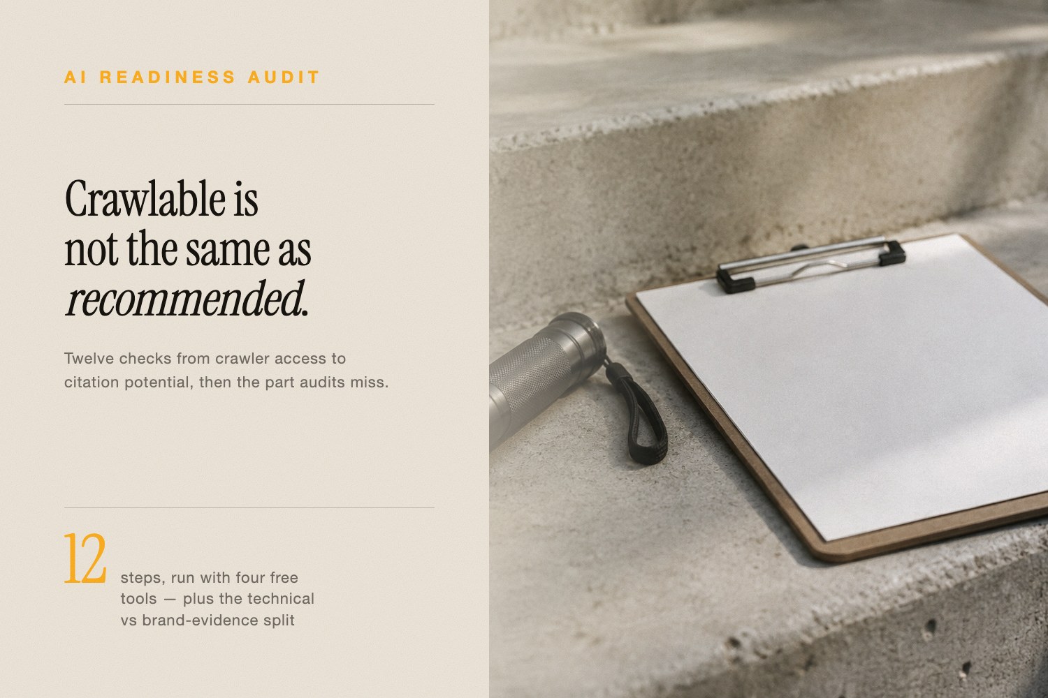 Hands writing in a notebook on cream linen beside the twelve-step AI readiness checklist