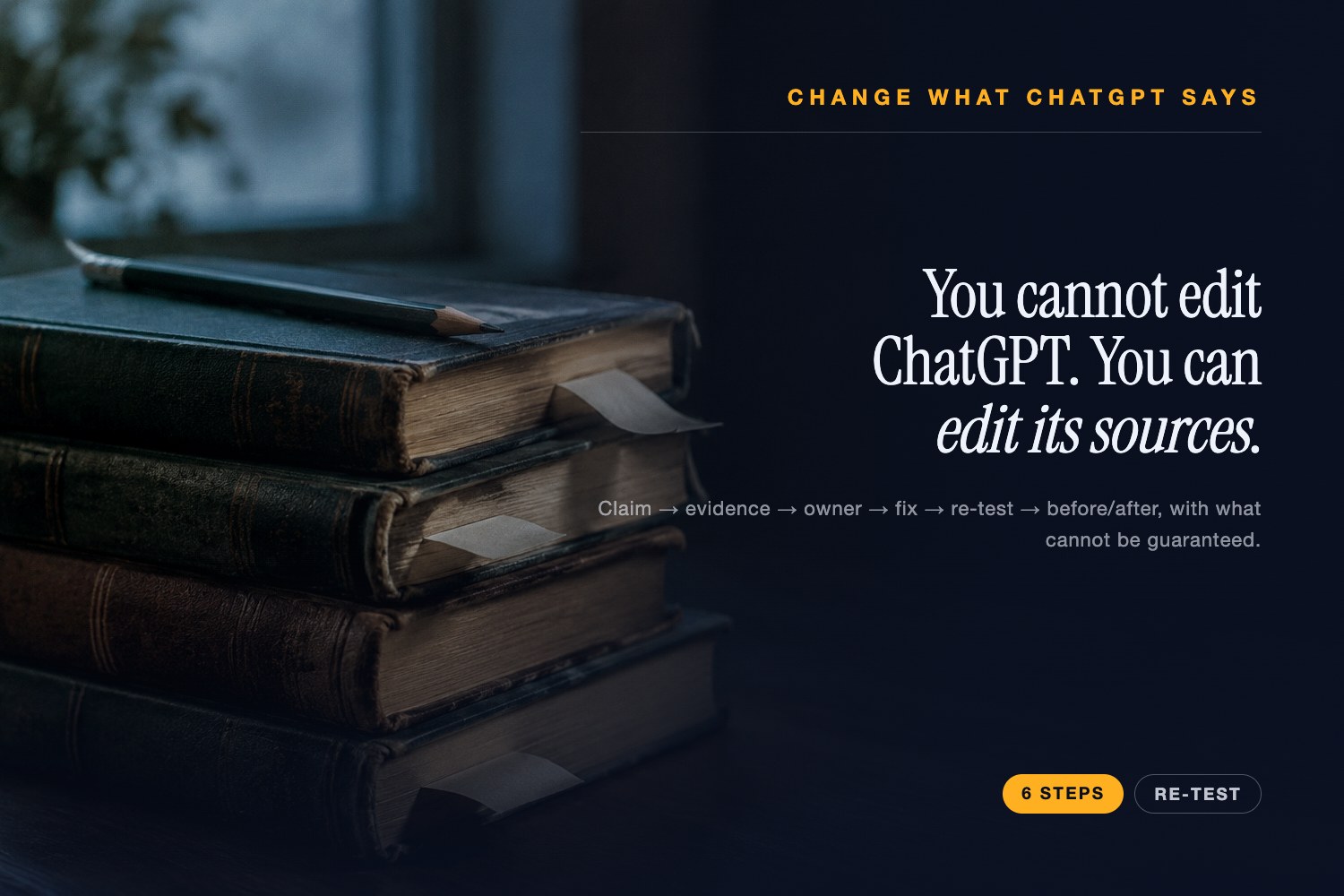 A lit laptop on a walnut desk at night beside the six-step pipeline for changing what ChatGPT says