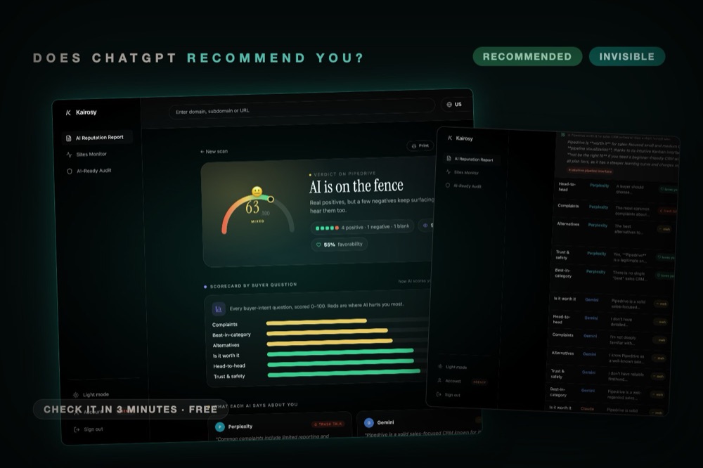 A real Kairosy scan report showing whether ChatGPT recommends a brand, with a recommended-or-not pill