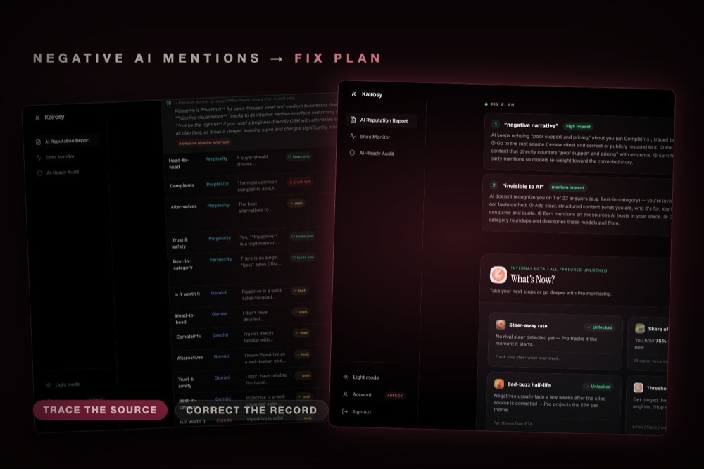 A Kairosy fix plan panel over a dimmed negative AI answer, under the label fix the shade