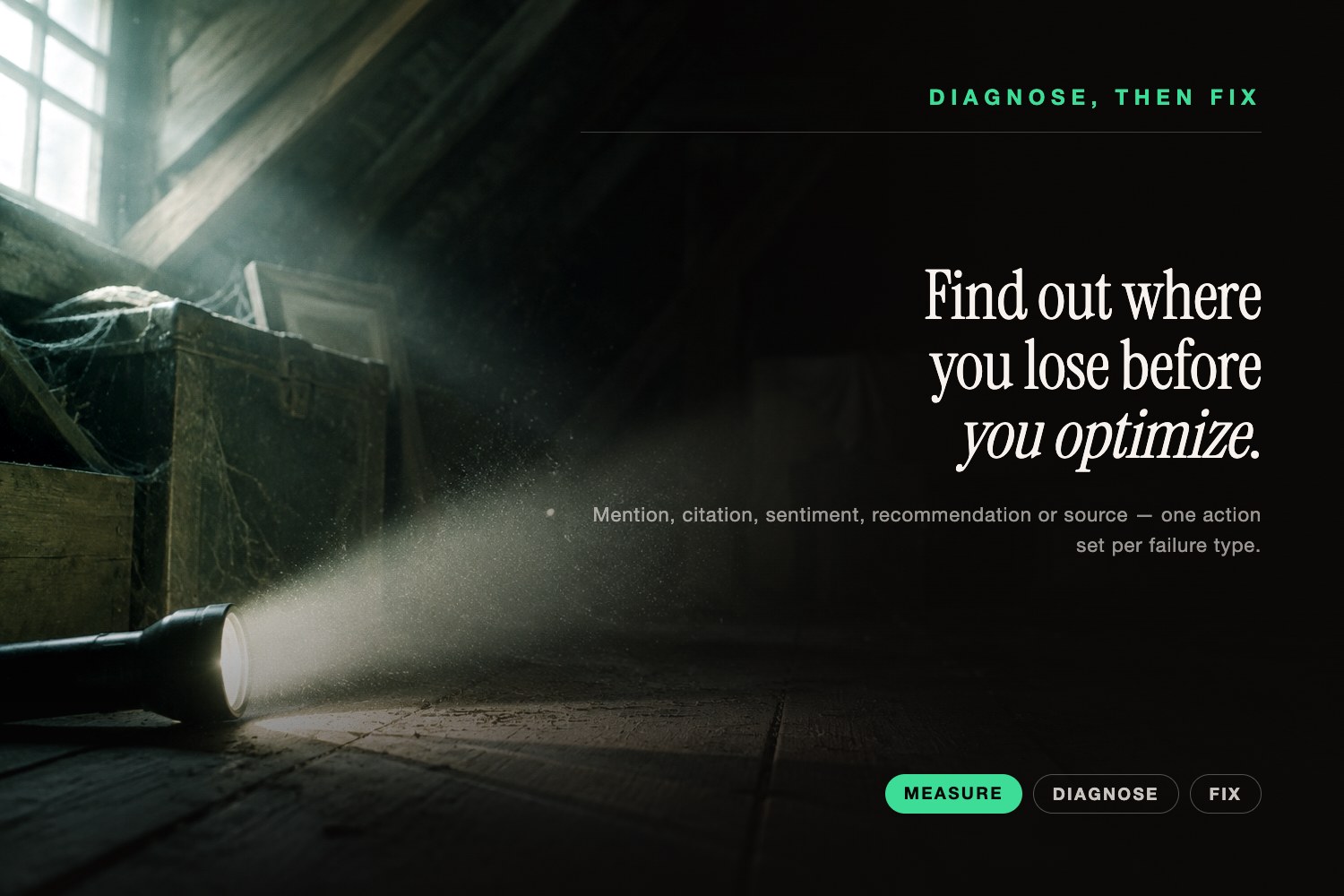 Hands on a keyboard in screen glow beside the diagnose-then-fix matrix for AI search visibility