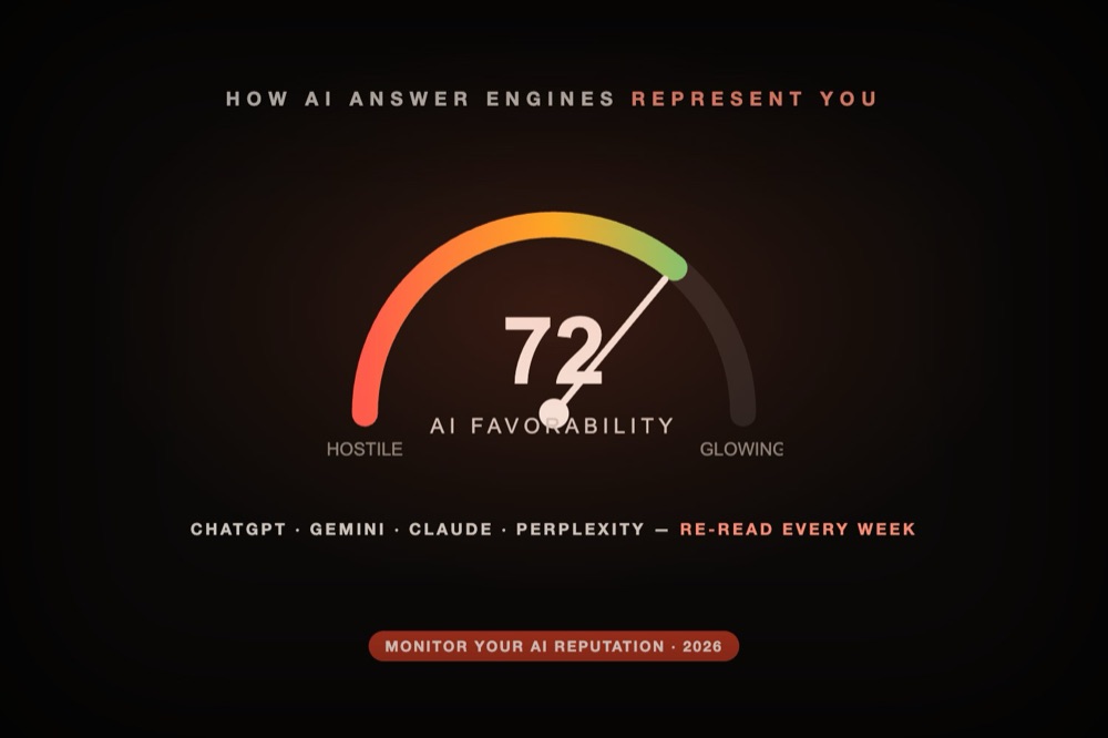 A sentiment gauge showing how favorably AI answer engines represent a brand, monitored weekly