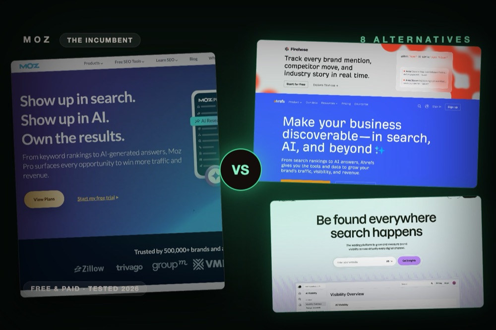 Moz product page dimmed beside bright Ahrefs and Semrush pages, labeled 8 best alternatives