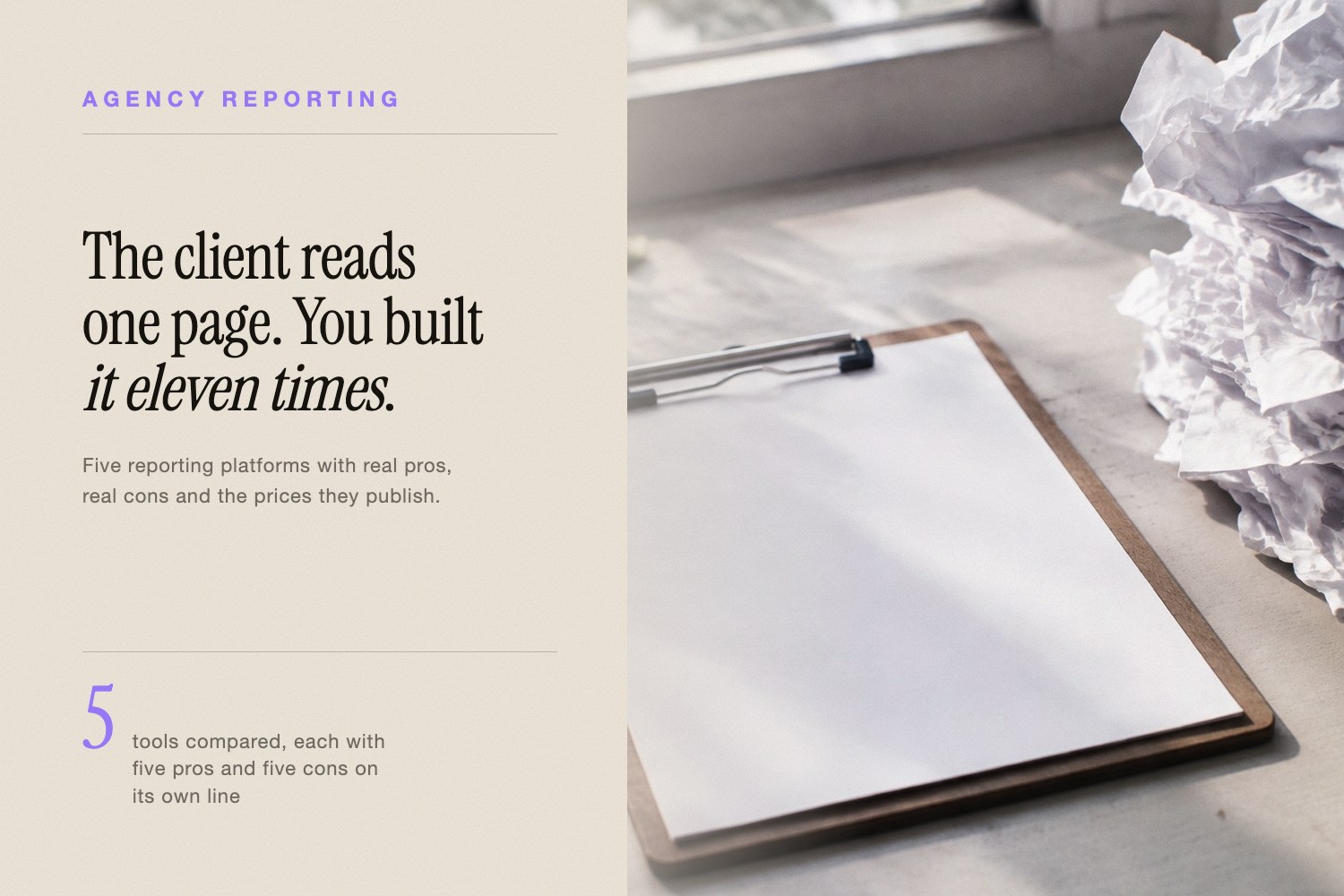 A stack of printed reports in hard side light beside the headline on agency reporting software