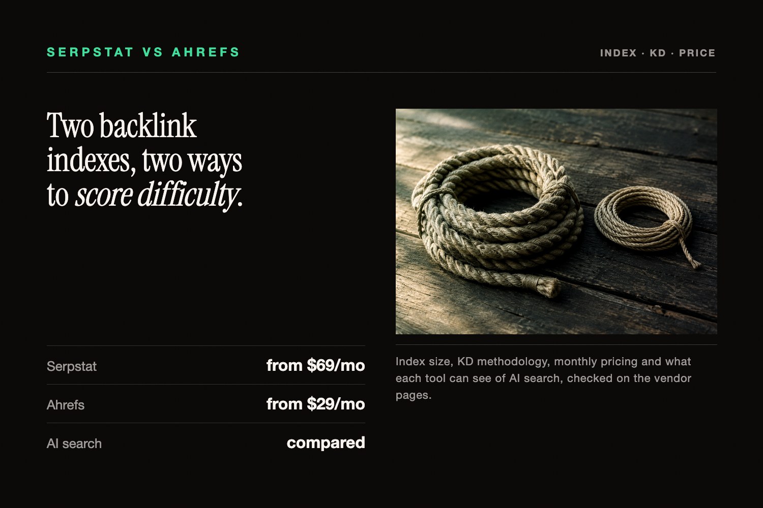 A deckle-edged sheet of cotton paper on charcoal beside the Serpstat vs Ahrefs backlink and KD comparison