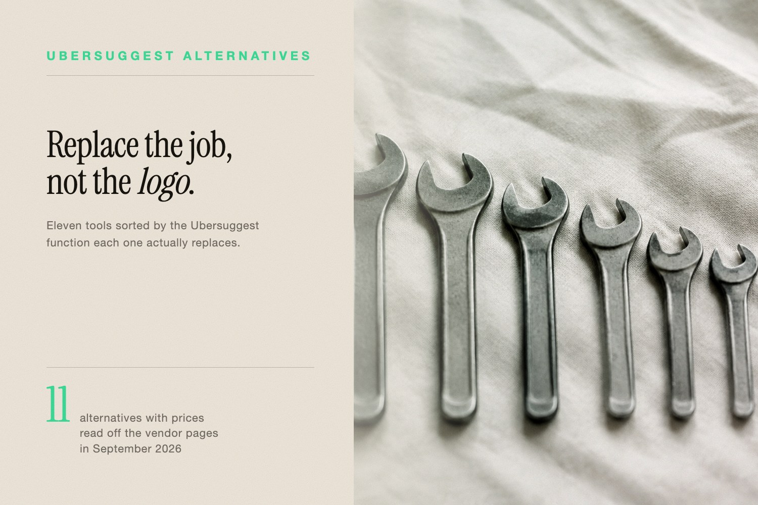 Stacks of printed comparison sheets on an oak desk beside the headline on Ubersuggest alternatives