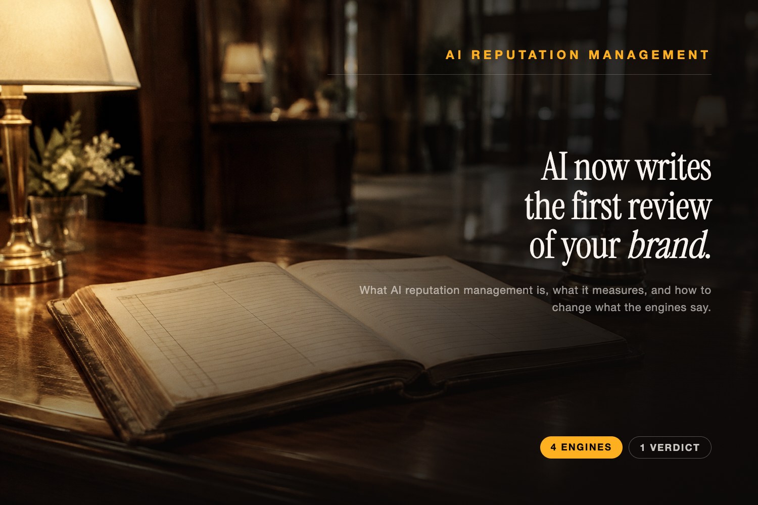 An open hotel guest ledger and a brass service bell beside the idea that AI now writes the review of your brand