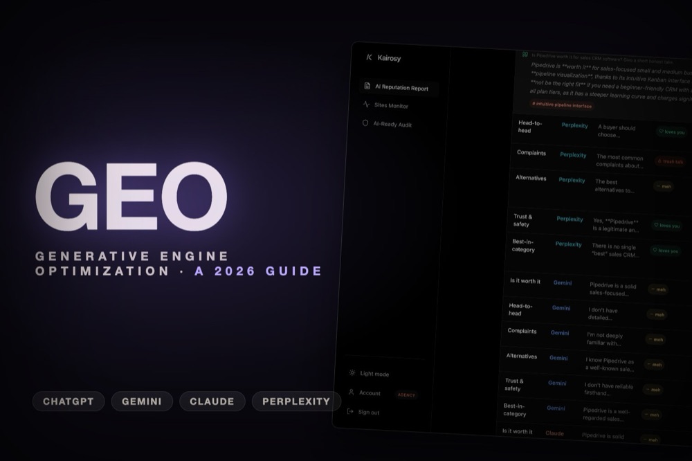 The word GEO in large type over a real AI brand-visibility report with engine chips