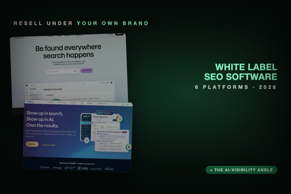 Agency SEO tool dashboards tilted on a dark editorial background, labelled white label SEO software
