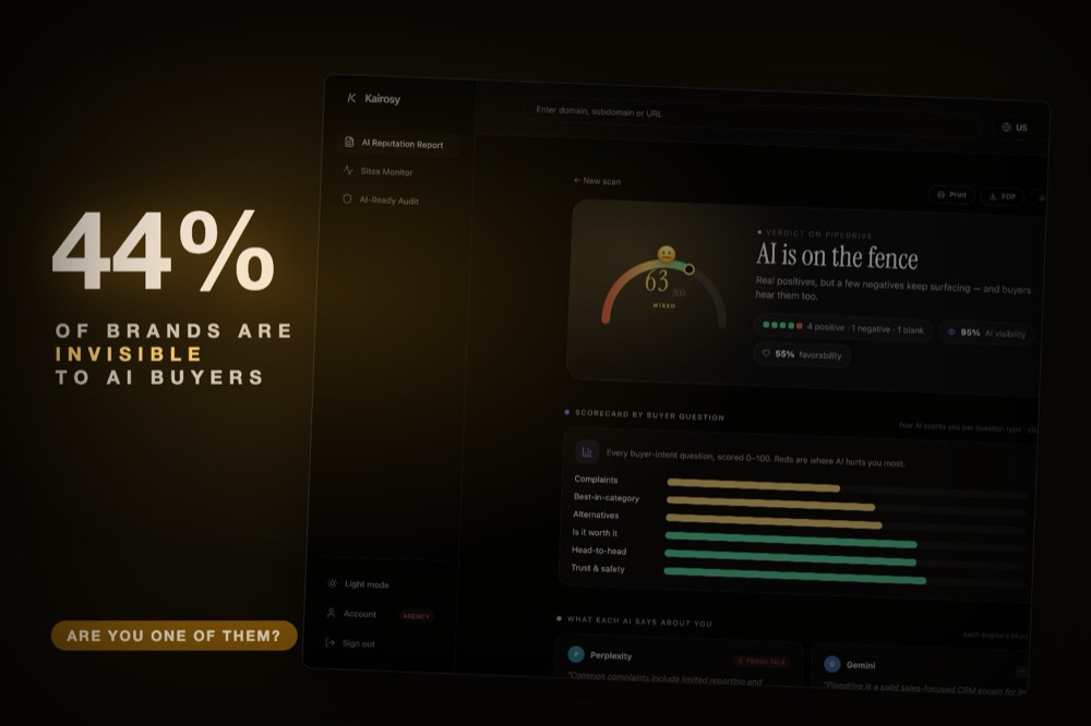 A brand visibility report fading to black, with the stat 44% of brands are invisible to AI