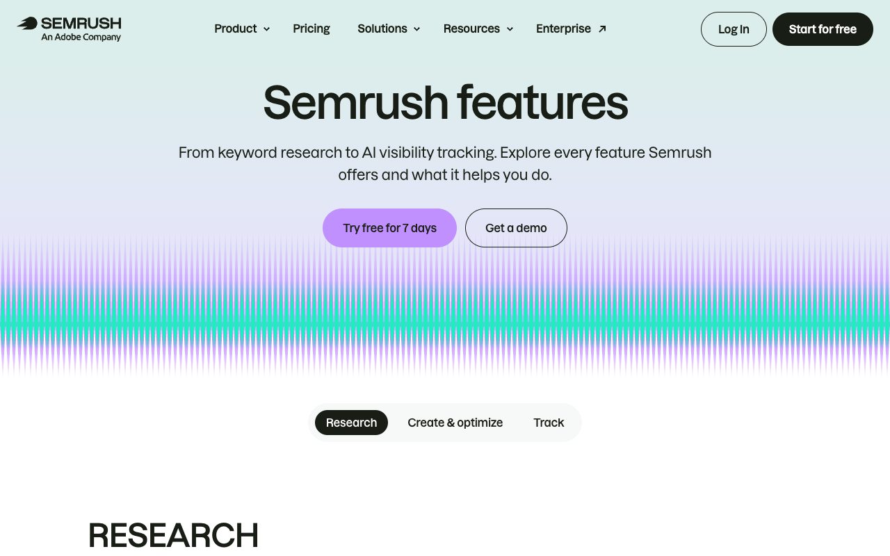 Semrush features page listing research tools including keyword research, competitor analysis, AI visibility, market analysis and backlink analysis